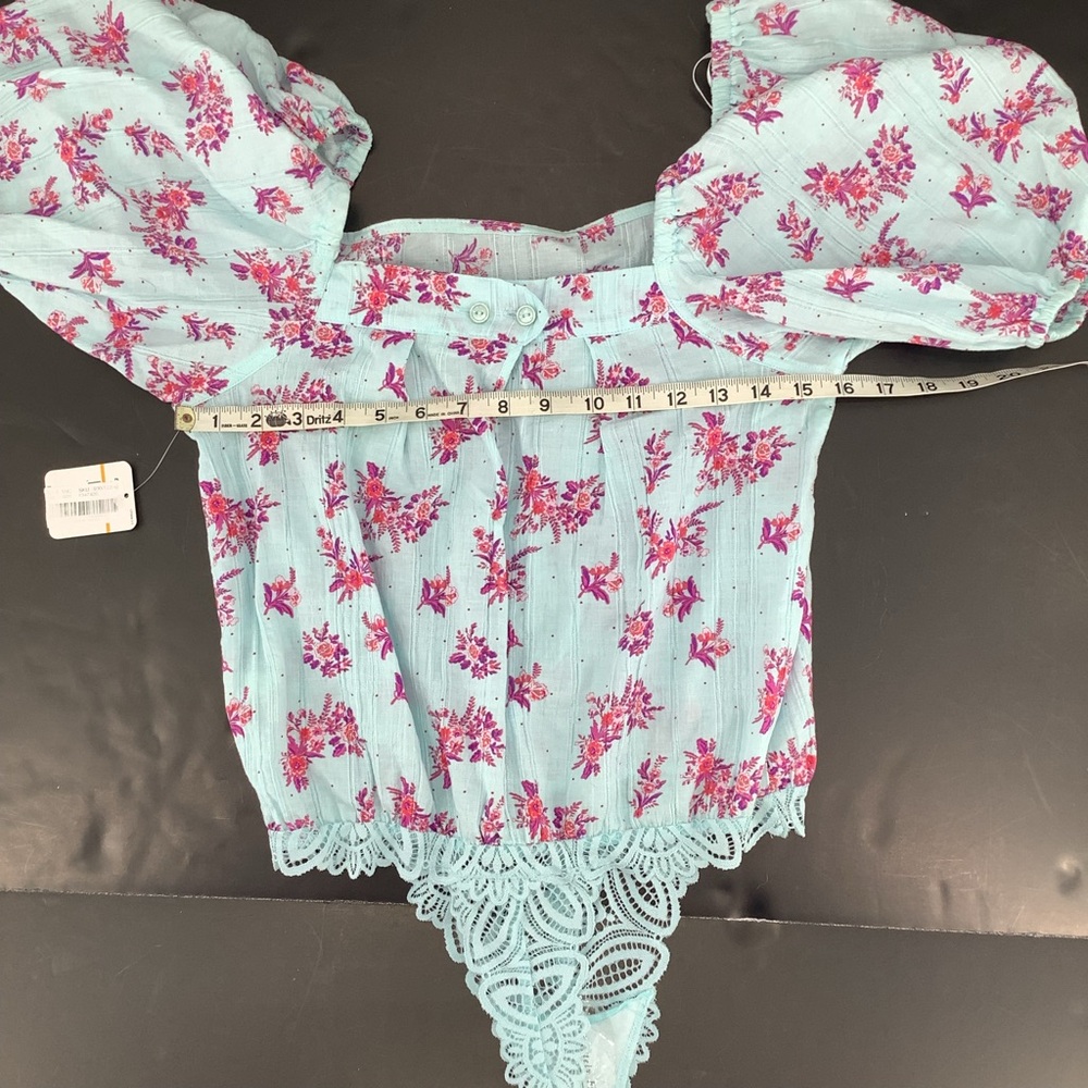 Free People Blue Pink Angela Floral Print Lace Bodysuit Off Shoulder Small - Picture 7 of 15